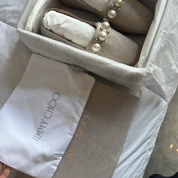 Jimmy Choo Dru Linen Pearly Espadrille Loafers - Picture 9 of 12